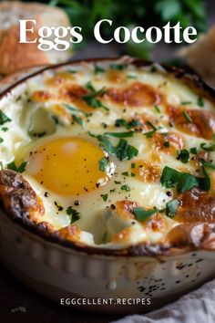 an egg in a bowl with bread and parsley on the side, text reads eggs cootee