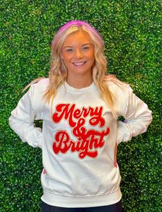 This Merry & Bright Chenille Sweatshirt is perfect for the festive season! Stay cozy and stylish with its bold red chenille on a white sweatshirt, and treat yourself to a special gift this Christmas. Embrace the holiday spirit and bring joy to those around you! Unisex sizing and fit Pictured: White Sweatshirt SPECIAL CARE - WASHING INSTRUCTIONS: Hand washing and air drying are always best for these items. Wash on delicate, cold, and inside out. Always air dry to prevent lint from sticking to the Chenille Sweatshirt, Womens Sweatshirts, Sweatshirt White, Pink Sweatshirt, Stay Cozy, White Sweatshirt, Festive Season, Christmas Sweatshirts, Christmas Tshirts