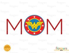 the word mom with wonder's symbol in red, blue and yellow on a white background