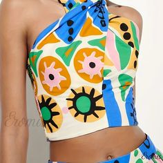 Eromis - Premium Graphic Print Halter Crop Top: Fashionable Backless Halter Style for a Stylish Summer Wardrobe - Womens Vacation Clothing Multicolor Halter Neck Crop Top For Summer, Fitted Multicolor Halter Top For Summer, Chic Multicolor Crop Top For Summer, Multicolor Bandeau Top For Beach Season, Multicolor Bandeau Top For Beach, Multicolor Printed Summer Crop Top, Printed Multicolor Halter Top For Summer, Multicolor Printed Halter Top For Summer, Vacation Clothing