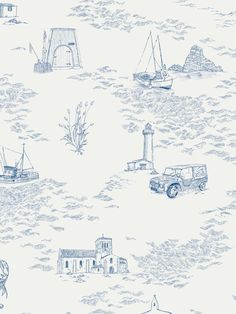 a blue and white wallpaper with boats, lighthouses and houses in the water