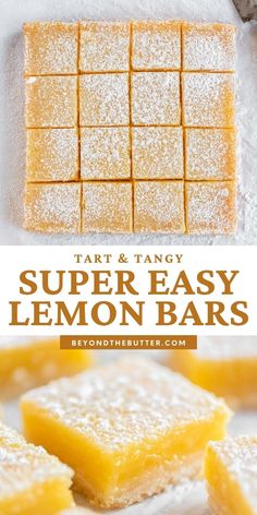 lemon bars with powdered sugar on top and the words super easy lemon bars below