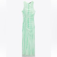 Zara Size Xl Green Midi Dress Summer Ruched Mesh Dress, Summer Sheath Maxi Dress With Ruched Detail, Spring Sleeveless Ruched Mesh Dress, Spring Green Sheath Maxi Dress, Zara Spring Ruched Maxi Dress, Zara Ruched Maxi Dress For Spring, Zara Sheath Summer Dress, Zara Ruched Maxi Dress, Zara Summer Sheath Dress