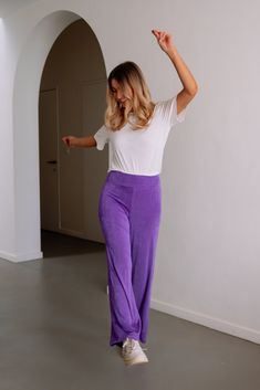 Long pants Slightly elastic fabric Fluid Not lined Sizes : S / M / L S : Length 39.8 in - Width 13 inM : Length 40.6 in - Width 13.8 inL : Length 41.3 in - Width 14.6 in Ophélie is 5'6, Larissa is 5'9 and both wear a size S Our model wear Ecru Luke T-Shirt Contexture : 95% Polyester - 5% elastane Handwash only Clothes Europe, Spring Pants, Purple Iris, Elastic Fabric, Pantalon Large, French Fashion, Long Pants, Women Clothes Sale, Clothes For Sale