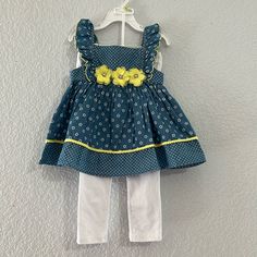 Kids Headquarters Polka Dot Floral Dress 2 Pc Set Blue White With Yellow Polka Dot Print Floral Print Sleeveless Yellow Floral Rosettes Dress With Matching White Leggings Two Piece Set New Without Tags - Will Come With Hanger Size 4t 2b Spring Cotton Polka Dot Sets, Spring Cotton Sets With Polka Dot, Polka Dot Cotton Sets For Spring, Spring Polka Dot Cotton Sets, Spring Cotton Sets In Polka Dot, Playful Polka Dot Sets For Spring, Cute Polka Dot Sets For Spring, Cute Polka Dot Spring Sets, Playful Polka Dot Spring Sets