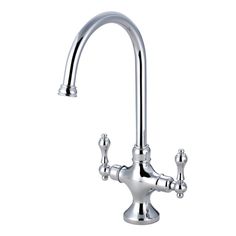 a kitchen faucet with two handles and nozzles on the side,