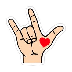 a hand making the peace sign with a red heart on it