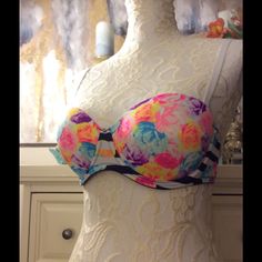 This Colorful Bra Is Nwot. It Has Bright Pretty Flowers And Navy And White Stripes. It Comes With White Removable Straps. Floral Print Underwire Bra For Beach, Floral Print Underwire Bra, Spring Floral Print Multicolor Bra, Multicolor Push-up Bra For Summer, Pink Floral Print Beach Bra, Spring Beach Push-up Bra, Multicolor Beach Bra For Spring, Samsung Wallpaper, Strapless Bra