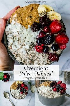 overnight paleo oatmeal in a bowl with berries and other toppings