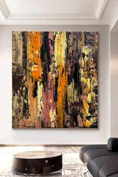 Vibrant abstract painting with bold orange, yellow, and black vertical strokes on textured canvas Textured Abstract Painting, Large Wall Art Canvas, Art Impressions, Large Canvas Wall Art, Handmade Artwork, Yellow And Black, Contemporary Artwork, Life Stories, Wall Art Canvas