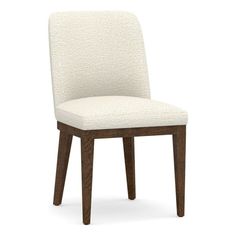 a white upholstered chair with dark wood legs and backrests, viewed from the front