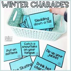 some blue and white cards with the words winter charadess on them, in front of