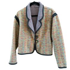 Multicolor Woven Patterned Womens Jacket With Black Trim Decorative Buttons Elevate your wardrobe with this stylish multicolor woven jacket, featuring elegant black trim and unique decorative buttons. A versatile piece for any season. * Multicolor woven fabric * Black trim accents * Decorative buttons * Long sleeves * Tailored fit * Cropped length * Fully lined Style: Textured, Art to Wear Content: No content tag Washing Instructions: Machine Wash Measurements: Armpit to armpit: 23" Back of Collar to Bottom Hem: 22" The item has been laundered according to garment specifications. We ship most items out the next business day. Please contact us with any additional questions. We are happy to combine shipping when possible. Thank you! 2593 Features: * Textured, Art to Wear Size: Womens No Size Woven Jacket, Textured Art, Art To Wear, Wakefield, Fabric Black, Decorative Buttons, Black Trim, Woven Fabric, Women's Jacket