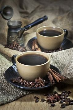 Two ceramic cups of coffee with cinamon and star anise on old coffee jute bugs Two Cups Of Coffee, Coffee Facts, Cups Of Coffee, Coffee Wallpaper, Coffee Pictures, Star Anise, Good Morning Coffee