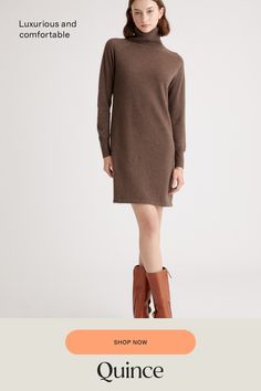 Keep cozy in this effortless cashmere turtleneck sweater dress. Cut from the softest Grade A cashmere, it comes in a relaxed yet slim fit That is both flattering and comfy. A black turtleneck sweater dress should be in every closet. Yours should be cashmere.  | Quince | Women's Mongolian Cashmere Turtleneck Sweater Dress in Brown, Size Medium Fitted Cashmere Sweater Dress For Fall, Casual Wool Sweater Dress, Elegant Cashmere Sweater Dress For Winter, Classic Long Sleeve Sweater Dress For Fall, Cashmere Sweater Dress For Work In Fall, Classic Fall Sweater Dress For Work, Chic Cashmere Sweater Dress For Work, Classic Sweater Dress For Work In Fall, Casual Turtleneck Sweater Dress For Work