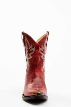 Genuine leather Pointed toe with bronze toe rand Pull tabs Leather lining Leather outsole with rubber heel cap Cushioned footbed Handcrafted by highly skilled boot artisans Western heel Red leather with white contrast western embroidery Single-stitched welt construction Classic Red Boots For Rodeo, Western Red Square Toe Boots, Red Western Boots With Round Toe, Red Western Boots With Square Toe, Red Moc Toe Boots With Reinforced Toe, Classic Red Snip Toe Boots, Red Square Toe Western Boots, Red Snip Toe Boots With Red Sole, Red Snip Toe Boots With Reinforced Heel