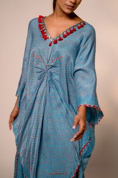 Sky blue printed kurta with front knot paired and has handmade tassels, metal detailing on the neckline. Paired with straight palazzo pant. - Aza Fashions Asymmetric Kurta, Kurta And Palazzo, Palazzo Pant, Palazzo Set, Fashion App, Palazzo Pants, Blue Print, Set For Women, Flared Sleeves