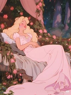 the sleeping princess is sitting in her bed with pink flowers around her and she has long blonde hair