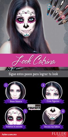 Logra el look Catrina con los crayones Colorfun, hazlo tu misma paso a paso y celebra tus tradiciones, este día de Muertos. Halloween Makeup Sugar Skull, Halloweenský Makeup, Dead Makeup, Carnival Makeup, Sugar Skull Makeup, Face Painting Halloween, Día De Muertos, Skull Makeup, Halloween Makeup Looks