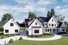 this is an artist's rendering of the front elevation of a house with white trim and black roof