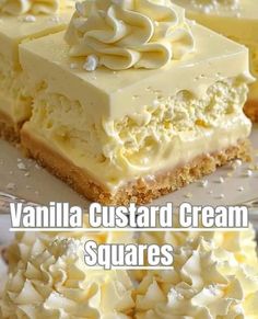 vanilla custard cream squares on a plate with the words vanilla custard cream squares