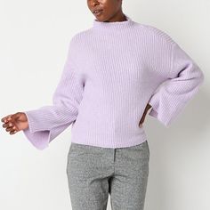 Update your knitwear style this season with the addition of this women's Worthington pullover sweater. Cut for an oversized-fit, it's made from a soft knit-blend with a funnel neck, wide long sleeves, and split cuffs. Pair it with tailored pants and loafers for the office. Closure Type: Pullover HeadFit: Modern FitNeckline: Funnel NeckSleeve Length: Long SleeveSleeve Style: Drop-Shoulder SleeveApparel Length: 24 InchesFiber Content: 53% Polyester, 36% Acrylic, 6% Nylon, 5% SpandexFabric Descript Palette Viola, Drop Sleeve Sweater, Fall Fashion Colors, Purple Palette, Knitwear Style, Purple Outfits, Large Sweaters, Bell Sleeve Sweater, Long Sleeve Pullover Sweater