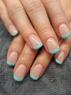 Nude and teal French manicure Vaca Nails, Nails Light Blue, French Manicure Designs, Nails Colorful, Nails French Tip, Magic Nails