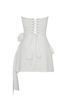 Rosette Strapless Mini Dress - White Fitted Strapless Mini Dress With Lace-up Back, Bodycon Mini Dress With Corset Back And Spaghetti Straps, Spaghetti Strap Bodycon Mini Dress With Corset Back, White Tie Back Mini Dress For Cocktail, White Bodycon Corset Dress For Summer, Summer Bodycon Mini Corset Dress, White Corset Dress With Straps For Party, White Straps Corset Dress For Party, Strapless Bandage Mini Dress For Cocktail