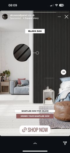 an image of a bedroom with black and white decor on the walls, furniture in the background