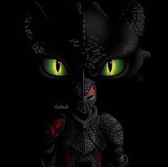 a black cat with glowing green eyes and red claws on it's head, standing in front of a dark background