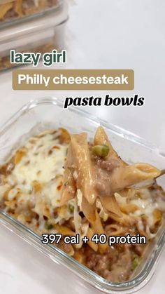 a plastic container filled with pasta and cheese