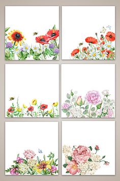 four floral cards with watercolor flowers on them