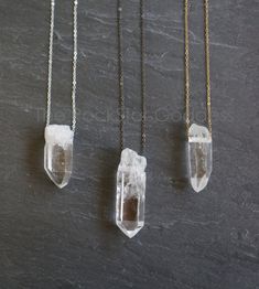 "Raw Quartz crystal on a custom length chain and your choice of: gunmetal, gold filled or sterling silver chain. These are large chunky Raw Quartz crystals and with natural imperfections. The ruler to the left and quarter coin on the right gives you an idea of the size. Quartz is the most abundant mineral in the world and is known as the master healing crystal amplifying stability and healing. Quartz also provides clarity and positivity. Each crystal is made by mother nature and will have natura Meaningful Necklaces, Raw Quartz Necklace, Meaningful Necklace, Dream Catcher Necklace, Dainty Diamond Necklace, Raw Quartz Crystal, Raw Crystal Jewelry, Aqua Aura, Raw Crystal Necklace