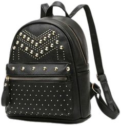 Trendy Faux Leather Backpack For School, Trendy Faux Leather Backpack, Trendy Everyday Bags With Rivets, Trendy Faux Leather Backpack With Zipper, Casual Leather Backpack With Zipper For Errands, Trendy Faux Leather Backpack With Zipper Closure, Casual Leather Backpack With Zipper Closure For Errands, Trendy Black Backpack For Errands, Trendy Satchel Bag With Leather Backing