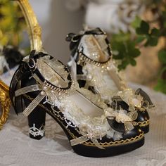 Rhinestone Decorated Black and Gold Tea Party Heel Ankle Strap Gold Tea Party, Princess Heels, High Block Heels, Pink Platform Heels, Wedding High Heels, Gold Tea, Dr Shoes, Chunky Heel Shoes, Party Heels