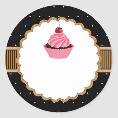 a cupcake with pink frosting and a cherry on top round stickers,