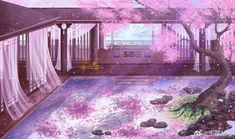 a painting of a japanese garden with pink trees and rocks in the water, surrounded by white drapes