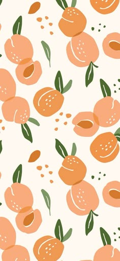 an orange pattern on a white background with green leaves and dots in the bottom right corner