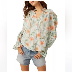 Beautiful 100% Cotton Light Weight Total Blouse . New Size Xs Feminine Orange V-neck Top, Spring Cotton Orange Blouse, Spring Orange Cotton Blouse, Orange Relaxed Fit Blouse For Day Out, Orange Cotton Tops For Spring, Relaxed Fit Orange Blouse For Day Out, Feminine Orange Top For Vacation, Feminine Orange Top For Brunch, Feminine Orange Tops For Brunch