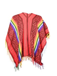 Our traditional woven red and black poncho with rainbow stripes is as stylish as it is practical at keeping the chill off. Pattern and fringe may vary slightly. Woven in the Sacred Valley of the Incas, Peru. Black Poncho, Sacred Valley, Black Rainbow, Rainbow Stripes, Red And Black, Peru, Wool Blend, Kimono Top, Black And Red