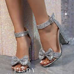 Fisdy - Elegantes cuñas patchwork con detalle de lazo para uso exterior (altura del tacón 4.13in) Glittery Heels, Gladiator High Heels, Head Color, Sequin Bow, Gold Shoes, Glitter Bow, Buckle Sandals, Silver Heels, Glitter Fabric