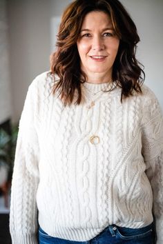 StyleDahlia wearing Vince cable knit sweater, jeans and a Gorjana Necklace. #styledahlia #over40style #styleover40 #sweaterweather Slouchy White Winter Sweater, How To Wear Belts, How To Wear Scarves