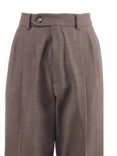 Composition: 97% Virgin Wool, 3% Elastane Brown Pressed Crease Office Bottoms, Classic Wide Leg Pants With Welt Pockets For Business, Classic Wide Leg Pants For Business Casual, Classic Flat Front Bottoms With Hidden Button Closure, Classic Wide Leg Dress Pants With Button Closure, Classic Wide Leg Bottoms With Button Closure, Classic Semi-formal Bottoms With Button Closure, Classic Brown Dress Pants For Office, Classic Brown Pants For Office