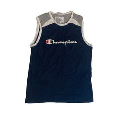 Vintage 90s Champion sleeveless tank top spell-out navy blue white size medium  Pit to pit: 51cm Collar to hem: 70cm Athleisure Sleeveless Letter Print Tank Top, Sleeveless Athleisure Tank Top With Letter Print, Sleeveless Letter Print Tank Top For Athleisure, Navy Sleeveless Cotton Vest, Sporty Sleeveless Muscle Tee With Letter Print, 90s Style Sleeveless Tank Top With Letter Print, Summer Blue Streetwear Tank Top, Blue Tank Top For Summer Streetwear, Vintage Sleeveless Top With Letter Print