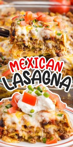 mexican lasagna casserole on a plate with text overlay