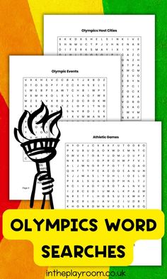 the olympic word search is shown in three different colors and font, including an olympic torch