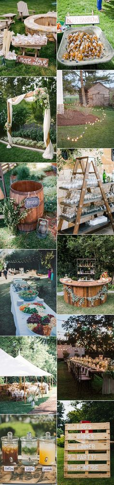 many different pictures of wooden benches and tables in the grass, with drinks on them