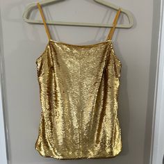 Nwt Gold Color Sequins Camisole Adjustable Shoulder Strap Lined Measurement Pit To Pit 16” Length (Front) 19” ; (Back) 16.5” Gold Fitted Top With Spaghetti Straps, Fitted Gold Tank Top, Gold Cami Top For Summer, Spring Gold Cami Tank Top, Gold Fitted Cami Top, Gold Spaghetti Strap Tops For Summer, Gold Spaghetti Straps Top For Summer, Satin Camisole, Embroidered Roses