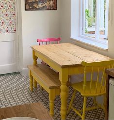 a kitchen table with two chairs next to it