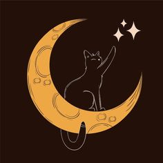 a cat sitting on the moon with stars